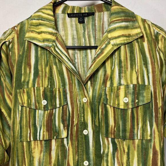 LAFAYETTE 148 Linen Striped Watercolor Short Sleeve Button Down Shirt Sz 4 Small - Picture 3 of 9